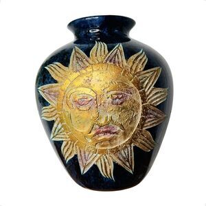 Mendocino Sandpiper Coromandel Celestial Carved Vase 9" Blue Gold Sun Moon Stars